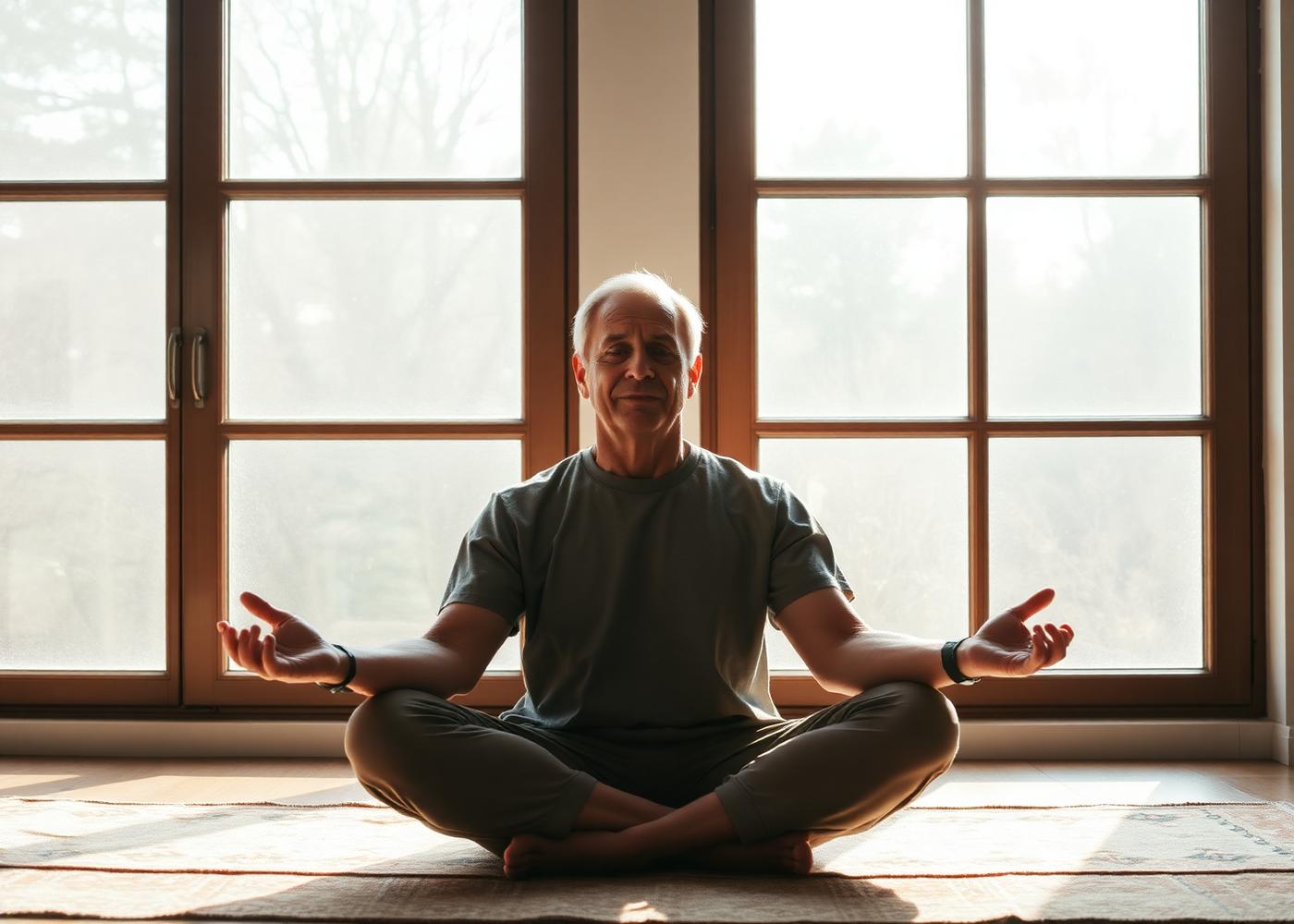 Mężczyzna medytujący przy oknie — wellbeing i zdrowie psychiczne